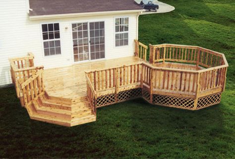 Like this for the deck? Imagine there not being the steps, and possibly have the staircase wrap around the octagon Bump Out, Building A Porch, Patio Deck Designs, Wooden Deck, Mobile Home Porch, Deck Designs Backyard, Deck Projects, Deck Plans, Decks Backyard