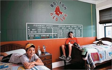 Red Sox Fenway Park Green Monster bedroom Fenway Park Bedroom, Baseball Playroom, House Palettes, Sports Room Man Cave, Monster Bedroom, Red Sox Room, Baseball Themed Bedroom, Boys Bedroom Curtains, Room 2015