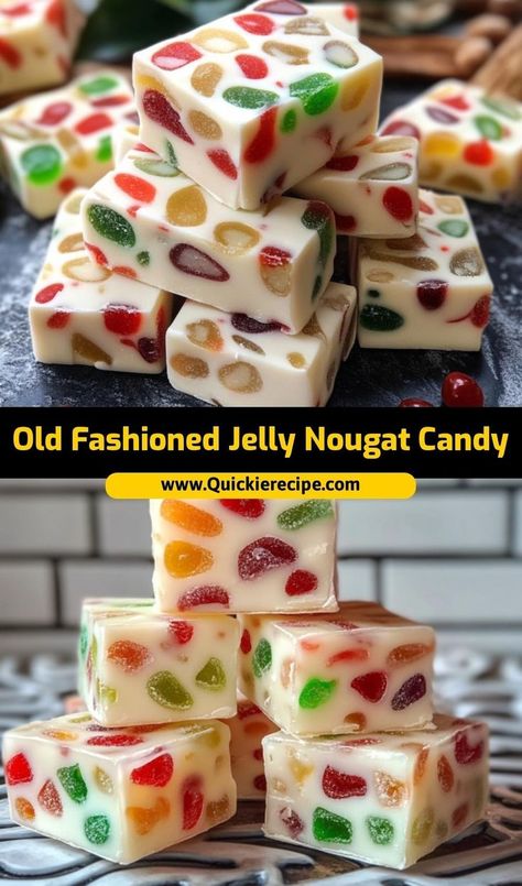 This old fashioned jelly nougat candy is the best nougat for a nostalgic sweet treat. Soft, chewy, and filled with fruity jelly, it’s the ultimate candy for holiday memories Jelly Nougat, Nougat Candy, Festive Appetizers, Candy Recipe, Chocolate Marshmallows, Chocolate Mix, Homemade Candies, Mini Marshmallows, Halloween Recipes