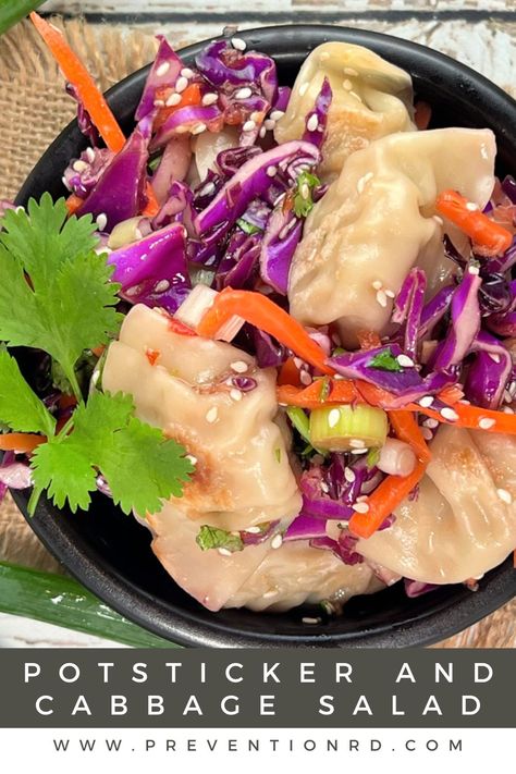 Potsticker and Cabbage Salad via @preventionrd Potsticker Salad Recipe, Potsticker Salad, Stir Fry With Egg, Teriyaki Shrimp, Shrimp Sushi, Carrot Slaw, Julienned Carrots, Sushi Bowl, Fun Salads