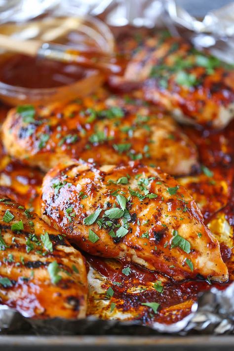 SUB G Hughes sugar free BBQ sauce BBQ Chicken Breasts - The most tender, juicy chicken grilled to PERFECTION, smothered in a thick, homemade BBQ sauce. You can also make this ahead of time! Bbq Sauce Chicken Breast, Grilled Bbq Chicken Breast, Bbq Chicken Breast Recipe, Grilled Chicken Breast Recipes, Bbq Chicken Breast, Summer Bbq Recipes, Chicken Grilled, Grilled Bbq Chicken, Ground Chicken Recipes