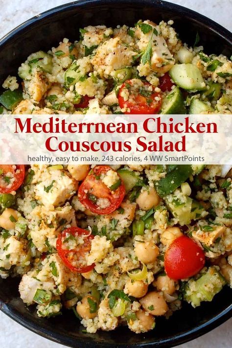 Mediterranean Chicken Couscous, Couscous Salad Chicken, Couscous Recipes Chicken, Chicken Couscous Salad, Ww Lunches, Mission Kitchen, Meal In A Bowl, Mediterranean Couscous, Chicken Couscous