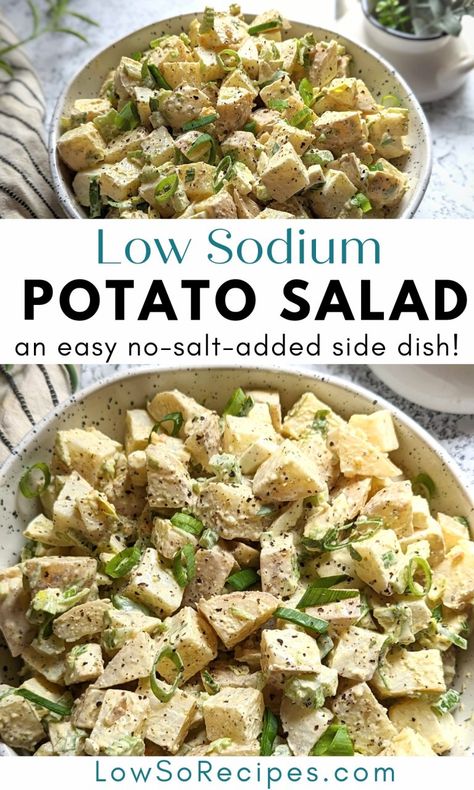 Low Sodium Potato Salad Recipe (No Salt Added) Sodium Free Foods, Low Sodium Bean Recipes, Low Sodium Potato Salad, Low Sodium Salad Recipes, Low Sodium Potato Recipes, Low Sodium Salad Dressing Recipes, No Salt Recipes Meals, Low Sodium Lunch Ideas For Work, Low Sodium Pasta Salad