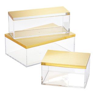 Gold Lacquered Storage Boxes | The Container Store Gold Home Accessories, Gold Gift Boxes, Clear Container, Clear Box, The Container Store, Drawer Dividers, Custom Closets, Plastic Box Storage, Organization Solutions