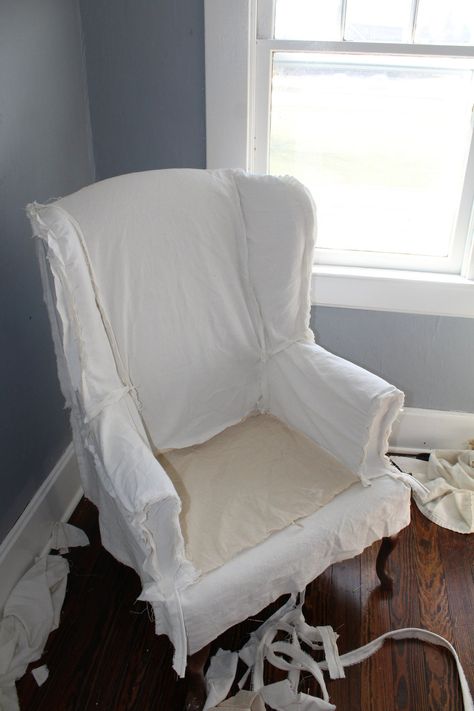 Learn how to slipcover a wingback chair with painter's drop cloth.  I have included a video documenting the whole slipcovering process, lots of instructions and my tips for an excellent fit. White Slipcovers, Reupholster Furniture, Upholstery Diy, Furniture Slipcovers, Furniture Upholstery, Redo Furniture, Slipcovers For Chairs, Furniture Covers, Chair Cover