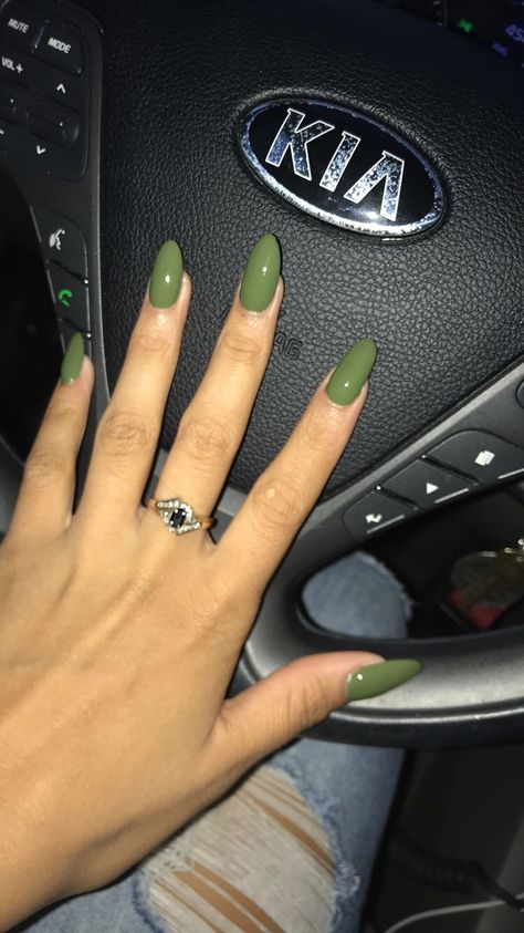 Army Green Almond Nails Almond Nails Olive Green, Green Acrylic Nails Almond, Acrylic Green Nails, Almond Nails Green, Nails Olive Green, Green Almond Nails, Acrylic Nails Green, Nails Olive, Aesthetic Grey