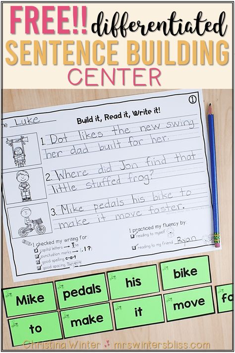 Get these free sentence building activities for your kindergarten, first grade, and 2nd grade students. Sentence building is a fun literacy writing center to help students practice writing conventions and build reading fluency skills. The sentences are differentiated (emergent and early fluent sentences) so ALL your students will achieve success while working independently at learning centers. #sentencebuildingactivities #freeliteracycenters #readingfluencypractice #sentencewritingideas Building Sentences 2nd Grade, Differentiated Centers First Grade, 2nd Grade Centers Literacy, Writing Complete Sentences 1st Grade, Fluency Center 1st Grade, 2nd Grade Independent Work, Writing Centers 2nd Grade, Sentence Practice First Grade, 2nd Grade Ela Centers