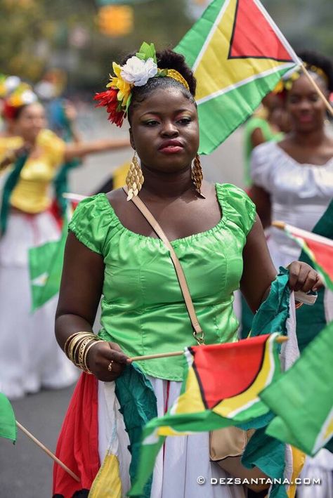 Proud Guyanese woman, Guyana flag. Guyana People, Guyana Women, Guyanese Women, Grenada Caribbean, Guyana Flag, Caribbean Outfits, British Guiana, World Thinking Day, Caribbean Culture