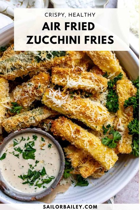 Crispy, crunchy, zucchini fries baked in the air fryer or the oven. Perfect snack, appetizer or side. Full of savory flavor. 
 #glutenfree #snacks via @sailor_bailey Air Fried Zucchini Sticks, Fried Zucchini Air Fryer, Zucchini Fries Air Fryer, Crunchy Zucchini, Zucchini Fries Baked, Fries Air Fryer, Air Fryer Zucchini Fries, Airfry Recipes, Zucchini Appetizer