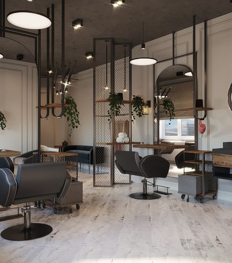 Modern Industrial Salon Design, Industrial Salon Design Interiors, Hair Salon Waiting Area Ideas, Saloon Interiors Ideas, Industrial Hair Salon, Hair Salon Interior Design Luxury, Black Salon Interior, Hairsalon Inspiration, Industrial Salon Design