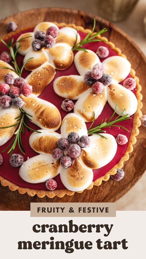 This cranberry meringue tart is made with a shortcrust tart shell filled with silky cranberry curd and topped with toasted meringue. It's a stunning centerpiece for your holiday dessert table. #cranberry #tart #holidaydessert | teakandthyme.com Cranberry Lemon Meringue Pie, Cranberry Meringue, Cranberry Curd Tart, Tart Shells Filling, Cranberry Curd, Holiday Dessert Table, Toasted Meringue, Meringue Tart, Cranberry Tart