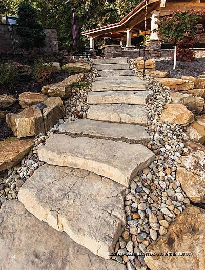 31+ Creative Garden Step and Stair Ideas To Enhance Your Landscaping Lake Landscaping, Landscape Stairs, Landscape Steps, Sloped Backyard, Stone Steps, Landscaping Retaining Walls, Garden Stairs, Outdoor Steps, Hillside Landscaping