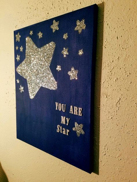 You are my star canvas quote with silver glitter Painting Ideas With Glitter, Star Canvas Painting Easy, Night Stars Painting Easy, Black White Painting Ideas, Stars Painting Easy, Acrylic Stars Painting, Star Canvas Painting, Moon And Stars Canvas Painting, Art Deco Website