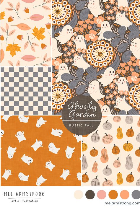 Cute Ghostly Pattern collection is available on Fabric, Wallpaper & Home Decor from Spoonflower #melarmstrong #halloween #fabriccollection Fall Pattern Illustration, Surface Pattern Design Collections, Fall Motifs, Mel Armstrong, Cheater Quilt Fabric, Woodland Pattern, Surface Pattern Design Inspiration, Graphic Portfolio, Conversational Prints