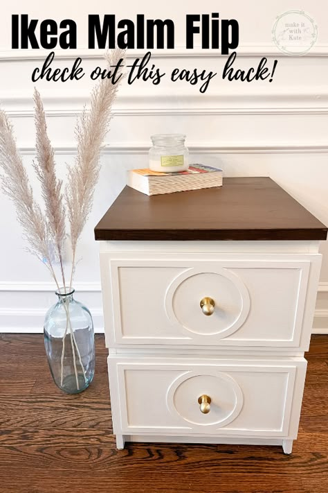 This Ikea Malm hack is so simple. By adding O'verlays to the drawer fronts and a wooden top, this nightstand gets a drastic makeover. Diy Corner Coffee Bar, Malm Nightstand, Ikea Nightstand Hack, Corner Coffee Bar, Ikea Malm Nightstand, Malm Hack, Ikea Dresser Hack, Ikea Nightstand, Furniture Overlays