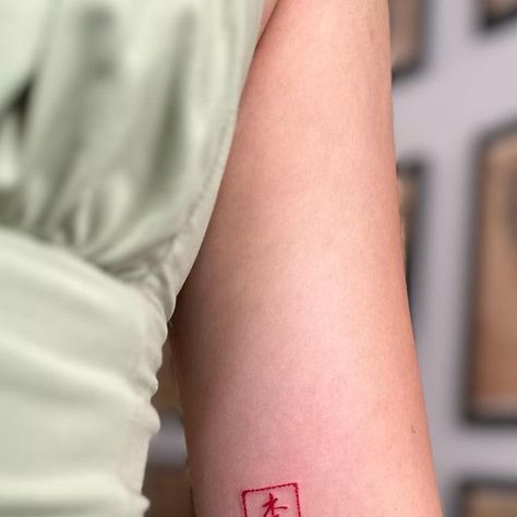 dr. christine liu on Instagram: "Name stamp! Made at @twocranestattoo 李 is a relatively common last name, pronounced Li in mandarin or Lei in Cantonese and it means plum! But also I love how Chinese characters are often combinations of other Chinese characters… this one is basically “wood” on top of “child” which logically would make some kind of fruit lol!" Chinese Name Stamp Tattoo, Chinese Stamp Tattoo, Chinese Name Tattoo, Chinese Character Tattoo, Last Name Tattoos, Chinese Character Tattoos, Inspired Tattoos, Chinese Name, Last Names