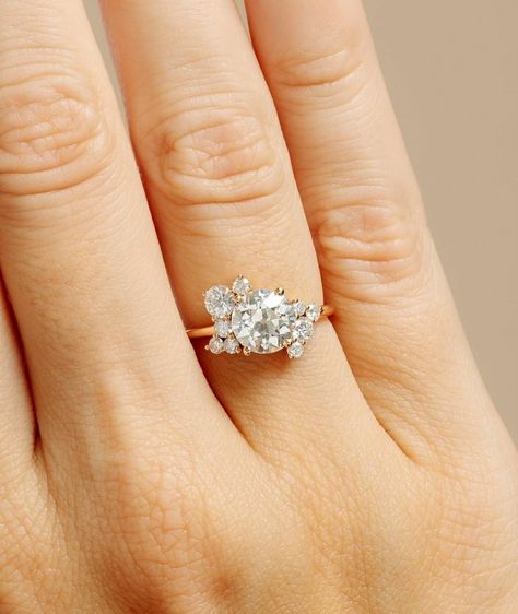 Redesign Engagement Ring Ideas, 6 Diamond Ring Design, Asymmetrical Cluster Engagement Ring, Unusual Engagement Rings Unique Vintage Weddings, Repurpose Diamond Ring, Engagement Ring Redesign, Reset Engagement Ring Ideas, Multi Diamond Engagement Ring, Repurposed Engagement Ring