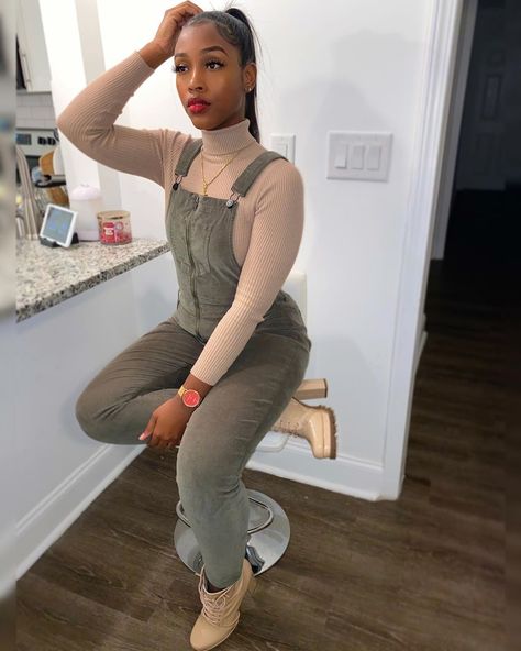 Caitlyn K. Davis 👑 🌐 on Instagram: “A whole vibe ✨#ILoveNeutralcolors Outfit + Booties: @fashionnova Fashion Nova Partner . Take Me Back Corduroy Overalls - Olive Just Drop…” Black Women Fall Outfits Street Styles, Fall Outfits Black Women, Twisted Hair, Corduroy Overalls, Fashion Nova Outfits, Take Me Back, Looks Black, Cute Fall Outfits