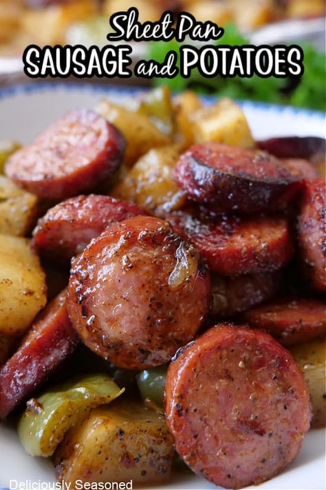 Sheet Pan Sausage and Potatoes Sheet Pan Sausage And Potatoes, Smoked Sausage And Potato Recipe, Sausage And Potato Bake, Sheet Pan Sausage, Sausage And Potatoes, Sausage Recipes For Dinner, Smoked Sausage Recipes, Kielbasa Recipes, Side Salad Recipes