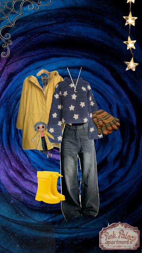 Coraline outfit ⭐🧤🌙 Coraline Closet, Coraline Outfit Ideas, Crochet Coraline Sweater, Coraline Inspired Outfit, Coraline Outfit, Coraline Halloween, 1980s Outfits, Coraline Aesthetic, Coraline