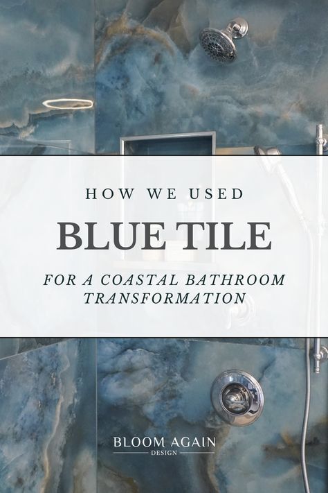 Design your dream coastal bathroom with these gorgeous blue tiles that reflect the colors and movements of the ocean. The marbled effect adds depth and interest, creating a luxurious and inviting space where you can unwind. Complement this look with minimalist accessories to let the walls be the star of your bathroom. Blue Marble Bathroom, Tub Bathroom Ideas, Blue Marble Tile, Blue Shower Tile, Marble Shower Tile, Ocean Bathroom, Blue Subway Tile, Onyx Tile, Blue Bathroom Tile