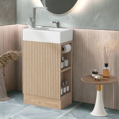 Ebern Designs Sangre 18.6'' Free Standing Single Bathroom Vanity with Ceramic Top | Wayfair Toilet Sink Cabinet, Wash Basin Cabinet, Very Small Bathroom, Small Bathroom Sinks, Bathroom Sink Cabinets, Toilet Sink, Tagaytay, Single Hole Faucet, Sink Cabinet