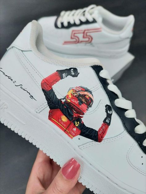 Ferrari Air Force 1, F1 Custom Shoes, Charles Leclerc Tattoo, Ferrari Shoes, F1 Aesthetic, Nike Shoes Women Fashion, Painted Nikes, Nike Air Force 1 Custom, Custom Shoes Diy