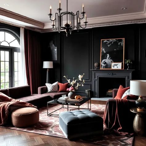 30 Dark Living Room Ideas for A Dramatic Dark Room Design, All Black Living Room, Modern Victorian Living Room, Dark Living Room Ideas, Dark Living Room, Parisian Living Room, Feminine Living Room, Dark Deco, Romantic Living Room