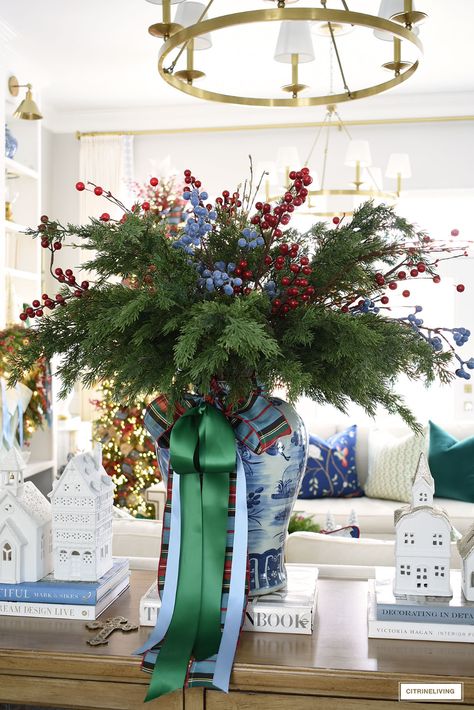 Traditional Christmas decor in our living room | CITRINELIVING Blue And White Christmas Mantle, Light Blue And Red Christmas Decor, Traditional Christmas Tablescape, Baby Blue Christmas Decor, Blue And Red Christmas Decor, White And Green Christmas, Traditional Christmas Decor, Christmas Pants, Blue And White Christmas