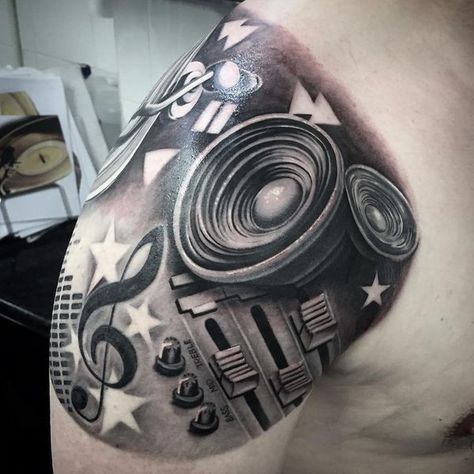 Music Sleeve Tattoo, Audio Tattoo, Speaker Tattoo Design, Speaker Tattoo, Dj Tattoo Ideas For Men, Boombox Tattoo, Dj Tattoo Designs, Dj Sleeve Tattoo, Music Tattoo Ideas