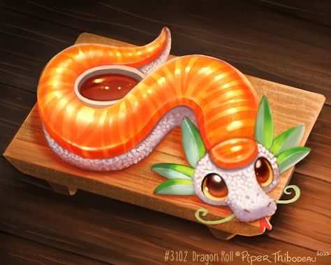 3102. Dragon Roll | Piper Thibodeau on Patreon Piper Thibodeau, Animal Mashups, Patreon Art, Dragon Roll, Fruit Animals, Images Kawaii, Animated Animals, Cute Food Drawings, Cute Fantasy Creatures