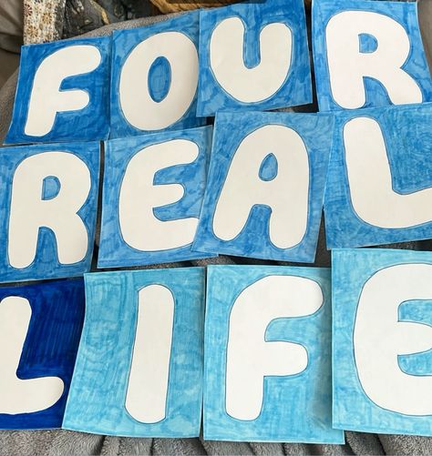 Four real life Bluey Banner homemade 4 Real Life Bluey Party, Four Real Life Bluey Birthday, Bluey Banner, Bluey Diy, Bluey Birthday Party Ideas, Daycare Lesson Plans, 4th Birthday Party Ideas, Bluey Birthday Party, Bday Decor