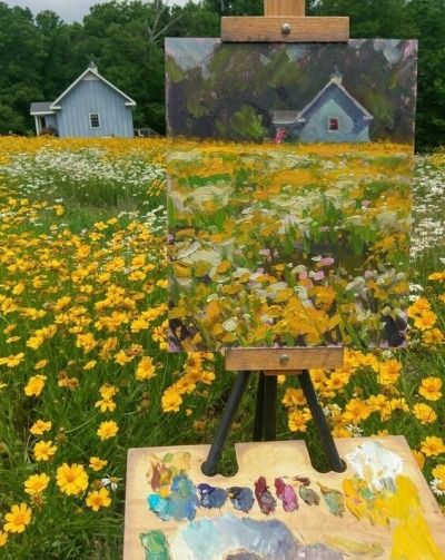 artist unknown. picture found on tumblr @ cottagehonaey #cottagecore #cozycore #grandmacore In The Middle, Painting Ideas, The Middle, Canvas Painting, Yellow, Canvas, Flowers