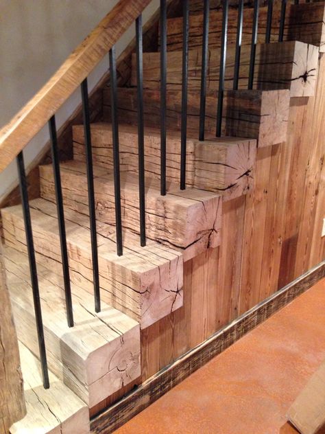 Reclaimed barn beam stairs #barnwood Farmhouse Stairs, Rustic Stairs, Metal Handrails, Floor Bloxburg, Basement Stairs, Stair Case, Diy Stairs, Wooden Stairs, House Stairs