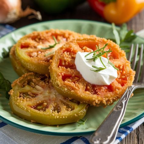 Crispy Fried Green Tomatoes - Recipes Food Homemade Potato Chips Recipe, Healthy Lunch Salad, Potato Chip Recipes, Tomatoes Recipes, Lemon Garlic Salmon, Green Tomato Recipes, Buffalo Cauliflower Bites, Brunch Desserts, Fried Green