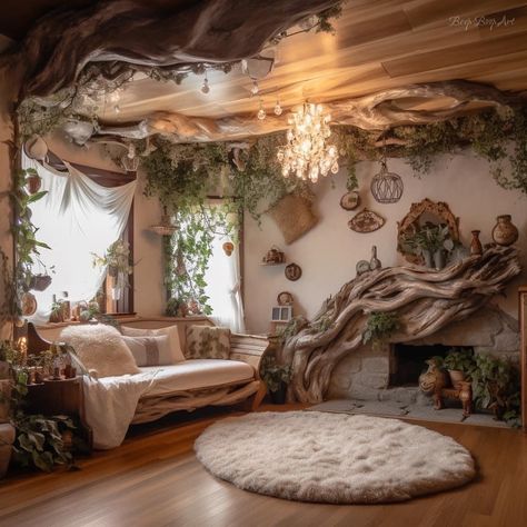 Naturecore Bedroom Aesthetic, Huge Mirror Ideas, Fairycore Home Aesthetic, Fairy Cottage Core Room, Forest Core Living Room, Fairycore Living Room Aesthetic, Fairy Core Nursery, Bedroom Asethic, Bedroom Asethic Ideas