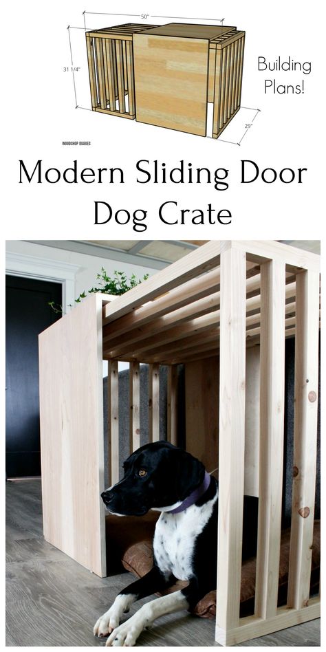 Grab the building plans for this ADORABLE and spacious sliding door dog crate that doubles as a fun console table in your living area.  Your dog will love it as much as you do and with free building plans, you can build a nice wooden dog crate for a fraction of what you can purchase one for.  Grab the free building plans here. Building A Dog Kennel, Diy Dog Crate, Wooden Dog Crate, Dog Kennel Furniture, Large Dog Crate, Dog House Diy, Dog Crate Furniture, Diy Dog Bed, Dog Kennel Outdoor