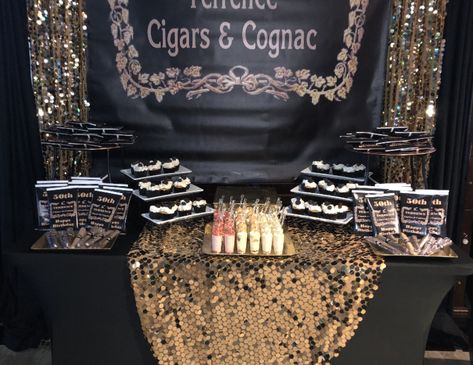 Cigars and Cognac / Birthday "Terrence’s 50th Cigars and Cognac" | Catch My Party Cognac And Cigars Party, Cigars And Whiskey Party, Mens Bday Party Ideas, Whisky Party, 55th Birthday Party Ideas, Masculine Birthday Party, 55th Birthday Decorations, Gatsby Birthday Party, Havana Nights Party