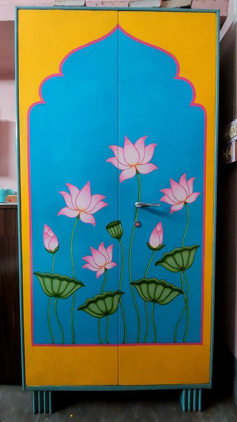 Lotus pichwal painting pink lotus almirah painting wardrobe art room decor Almirah Decoration Ideas Diy, Iron Almirah Painting Ideas, Gandhiji Sketch Pencil, Almirah Painting Ideas, Gandhiji Sketch, Art Room Decor Ideas, Wardrobe Art, Lotus Painting, Sketch Pencil