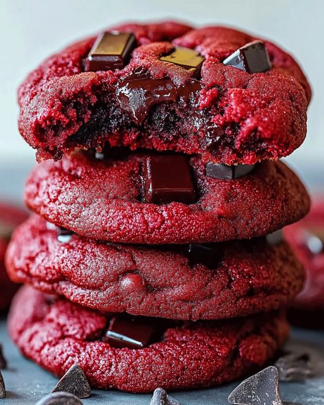 Red Velvet Chocolate Chunk Cookies - Decadent Bliss Best Red Velvet Cookies, Red Velvet Chocolate, Velvet Cookies, Levain Bakery, Chocolate Fan, Red Velvet Cookies, Chocolate Chunk, Chocolate Chunk Cookies, Classic Desserts