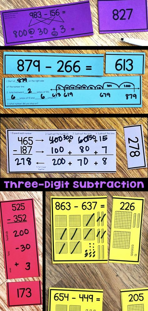 These three-digit subtraction math centers or task cards help students practice five different subtraction strategies: use a number line, use base-10 blocks, break apart the numbers, use Vs, and vertical subtraction. The scaffolded levels provide plenty of practice and steps for students to be successful when subtracting three-digit numbers using a variety of subtraction strategies. #threedigitsubtraction #mathcenters #mathstations #secondgrademath Subtracting Large Numbers, Subtracting Three Digit Numbers, 3 Digit Subtraction Games, Subtraction Games Third, Subtraction Word Problems 3rd Grade, Number Line Addition Worksheet, Three Digit Subtraction With Regrouping, Three Digit Subtraction, 3 Digit Subtraction With Regrouping