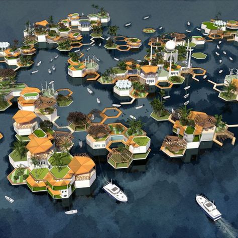 Designing a water resilient neighbourhood Hexagon Landscape Design, Flooding Architecture, Floating Architecture Concept, Hexagon Plan, Floating City Architecture, Floating Community, Floating House Design, Hive Architecture, Floating Cities