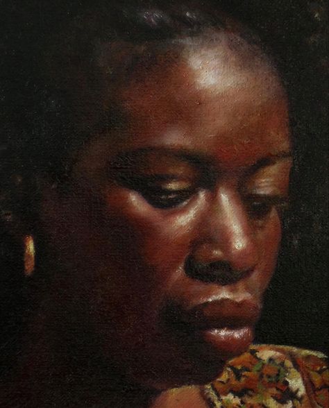 Close up of Oil painting, “Esther” 2023 by Lizzie Dunn Painting Dark Skin, Esther Phillips, Rembrandt Portrait, Rembrandt Paintings, Skin Paint, Painting Dark, Dark Portrait, Portrait Fashion, Realism Painting