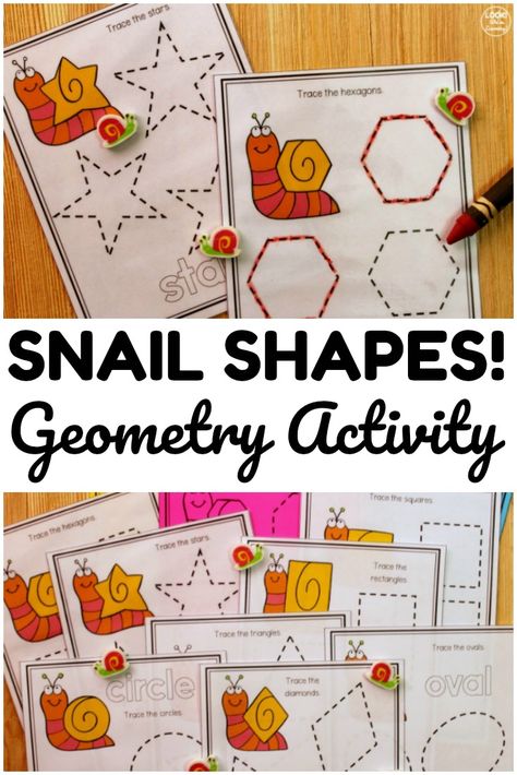 This printable snail themed geometry activity is a fun way to teach early learners a variety of 2D geometric shapes! Snails Preschool, Snail And The Whale, Snail Craft, Shape Tracing Worksheets, Insects Preschool, Geometry Activities, Preschool Stem, Teaching Shapes, Preschool Tracing