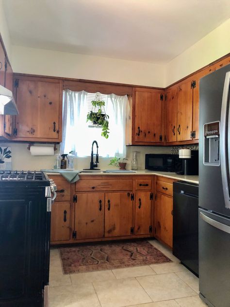 Kitchen With Old Wood Cabinets, Knotty Cabinets Kitchen, Pine Cabinet Makeover, Knotty Pine Cabinets Kitchen, Knotty Pine Kitchen Cabinets Makeover, Pine Kitchen Cabinets Makeover, 50s Kitchen Makeover, 1940s Kitchen Cabinets, Cedar Kitchen Cabinets