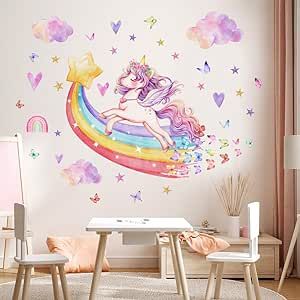 Rainbow Unicorn Wall Decal Peel and Stick Butterfly Wall Sticker DIY Cloud Start Wall Art Murals for Bedroom Pink Princess Girl Room Decor Girls Princess Room, Unicorn Wall Decal, Unicorn Bedroom, Diy Clouds, Kids Living Rooms, Bedroom Decals, Hal Decor, Unicorn Wall, Cartoon Wall