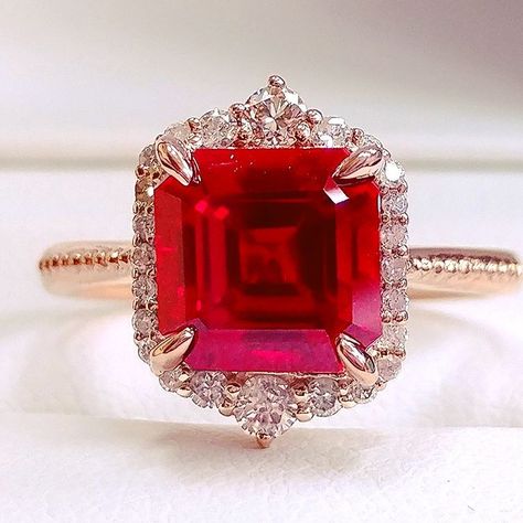 239 Likes, 3 Comments - 💍Engagement Rings InTheIceBox (@in_the_icebox) on Instagram: “umm Asscher Cut Cultured Ruby in a 14k Rose Gold Diamond Halo - InTheIceBox.com #jewelry…” Red Diamond Ring, Round Diamond Wedding Rings, Minimalist Diamond Rings, Blue Diamond Engagement Ring, Gold Diamond Wedding Rings, Ruby Diamond Ring, Ruby Rings, Ruby Diamond Rings, Topaz Engagement Ring