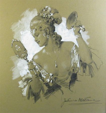 Woman Looking In The Mirror Drawing, The Portrait Of A Lady Class 11, Fortunino Matania Art, Glass Drawing Pencil, Fortunino Matania, Portrait Of A Lady Perfume, Painted Lady Butterfly Drawing, Glass Drawing, Modern Baroque