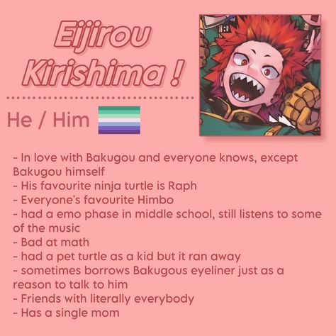 Middle School Kirishima, Kirishima Headcanon, Headcanons Ideas, Bakugou Slander, Mha Redesigns, Mha Headcanons, Mha Shifting, Character Headcanons, Mha Funny