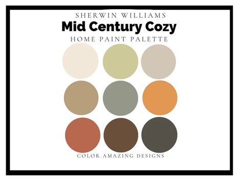 Mid Century Paint Colors, Midcentury Modern Color Palette, Mid Century Modern Paint, Mid Century Modern Paint Colors, Sherwin Williams Evergreen Fog, Cozy Color Palette, Mid Century Modern Color Palette, Cozy Colors Palette, Colors For Home